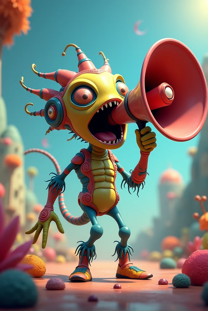 alien, animated style. shouting from the side with a megaphone