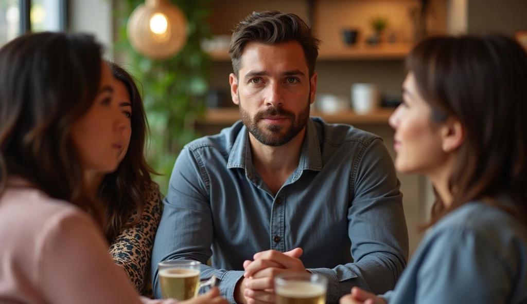 "A man with an assertive posture, in the center of a group of women, all with their eyes fixed on him, in a casual setting like a cafe."