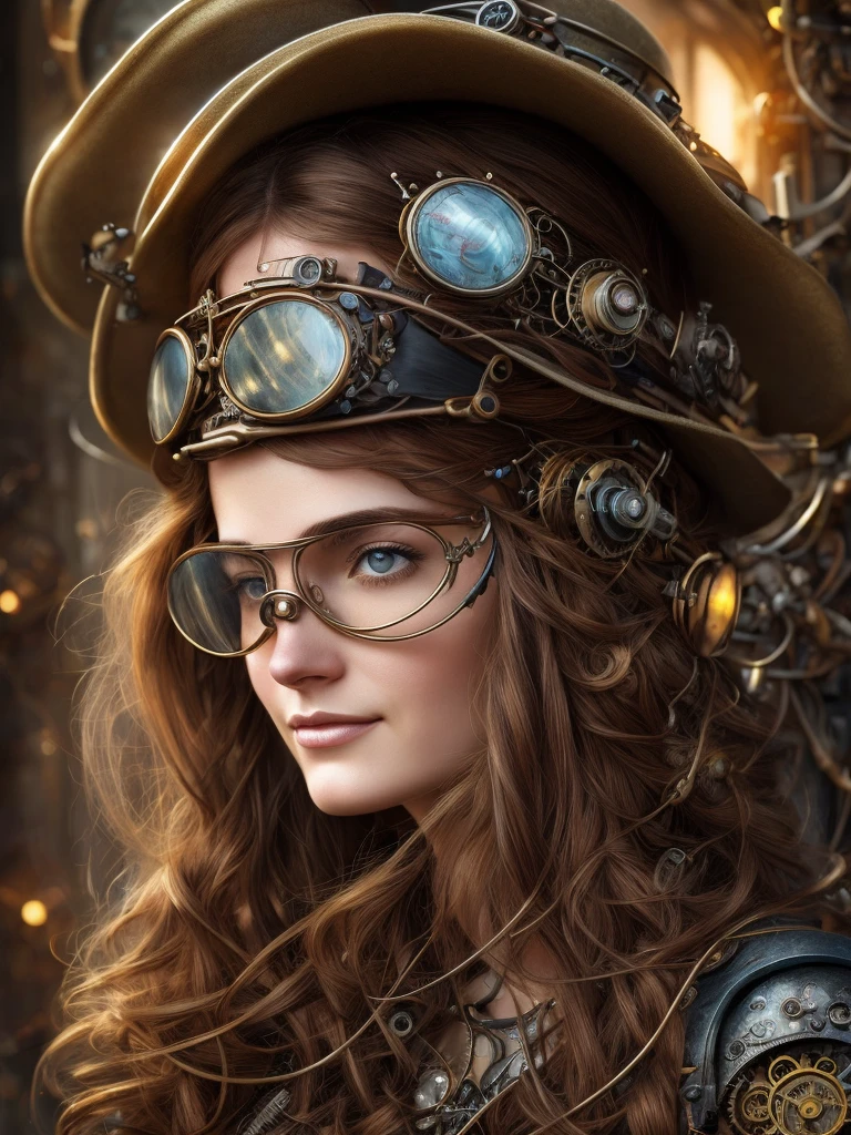 Close up portrait of woman wearing hat and goggles, Anna Dittmann style, Ancient Steampunk City, Long metallic hair, Mark Brooks and Brad Kunkle, light-colored hair streaks, Sylvia Molloy, Mechanized Soldier Girl, Hermaphrodites, John Stevens, High resolution cgsociety