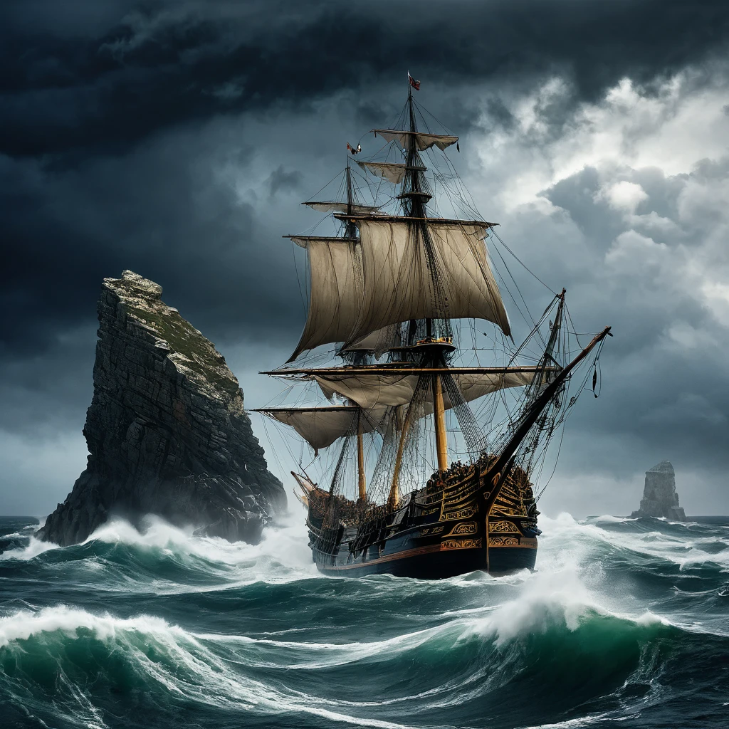 An AI image inspired by *'Os Lusíadas'* by Luís de Camões. Show a stormy sea at the Cape of Good Hope with towering waves and dark, swirling clouds. In the foreground, a fleet of Portuguese caravels led by Vasco da Gama battles the violent ocean, with tattered sails and struggling crew. In the background, the mythical giant Adamastor emerges from the storm, massive giant rock in the background, his massive form blending with the cliffs and clouds. His expression is a mix of sorrow and wrath. Use a dark, moody palette to emphasize the epic, ominous atmosphere.