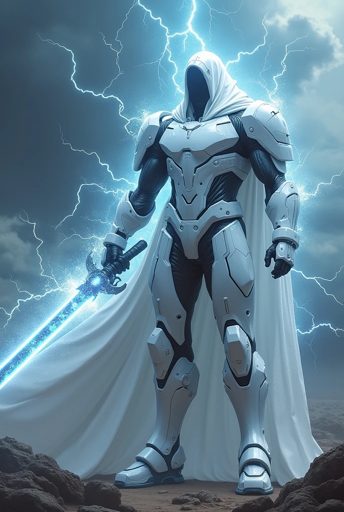 War general with white electrolyte armour and thunder in background with electric spark with electric sword