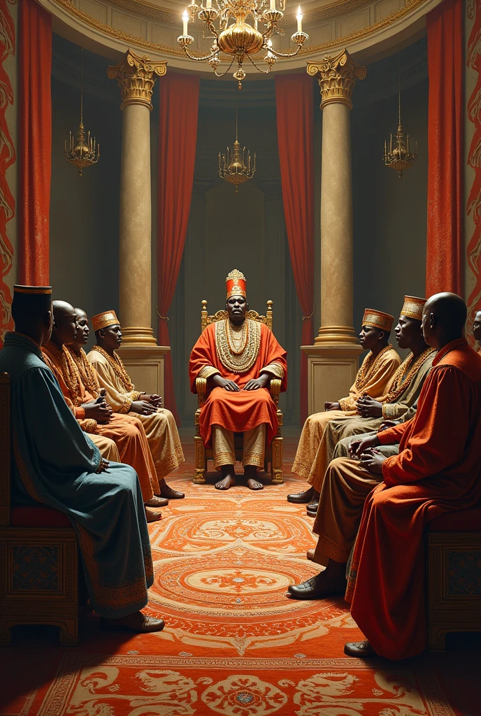 A Yoruba king holding meeting with his chiefs sitting in three in the front of the king left and another on the right in the Yoruba palace, 