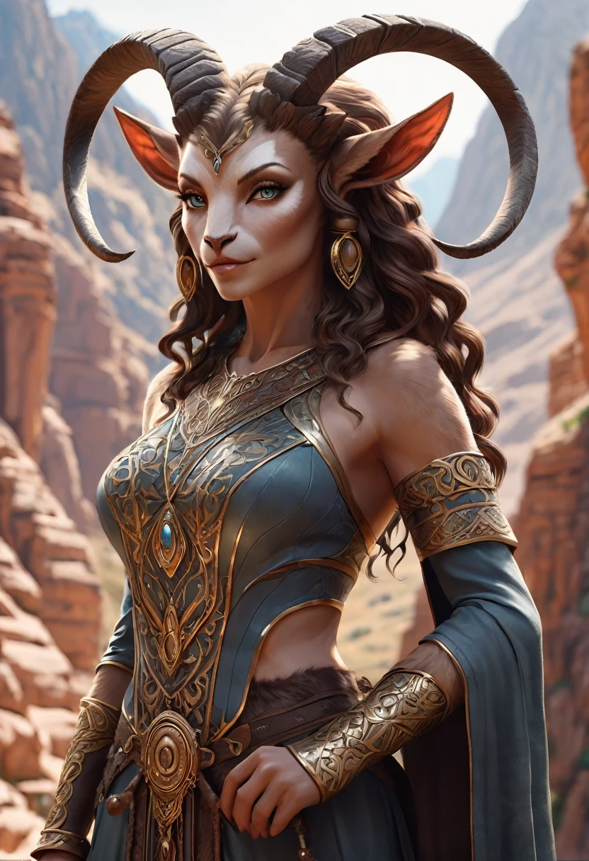 Anthropomorphic  feminine satyr enchanter. Official Art – An Award-Winning Digital Masterpiece In 4K Ultra HD, Extreme Detail And Intricate Realism. Symmetrical Face. This Concept Art Brought To Life By The Hands Of Artists Like Wlop & Artgerm In A Stunning 2D Vector Illustration.Background Is A Panoramic Vista.
