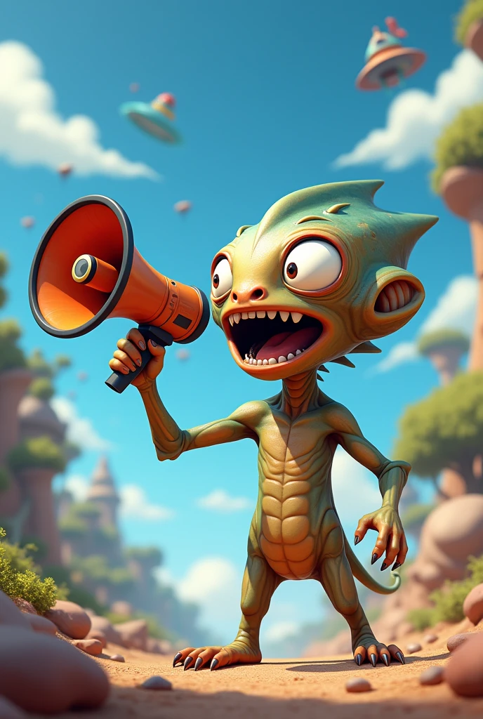 alien, anime animated style. shouting from the side with a megaphone