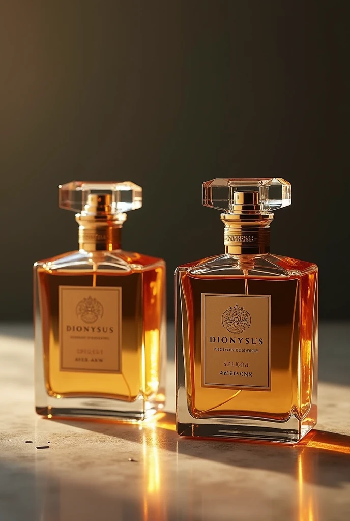 two realistic perfume bottles with Dionysus logo a unique design in several different positions and angles as if in a magazine. create a background scenario.