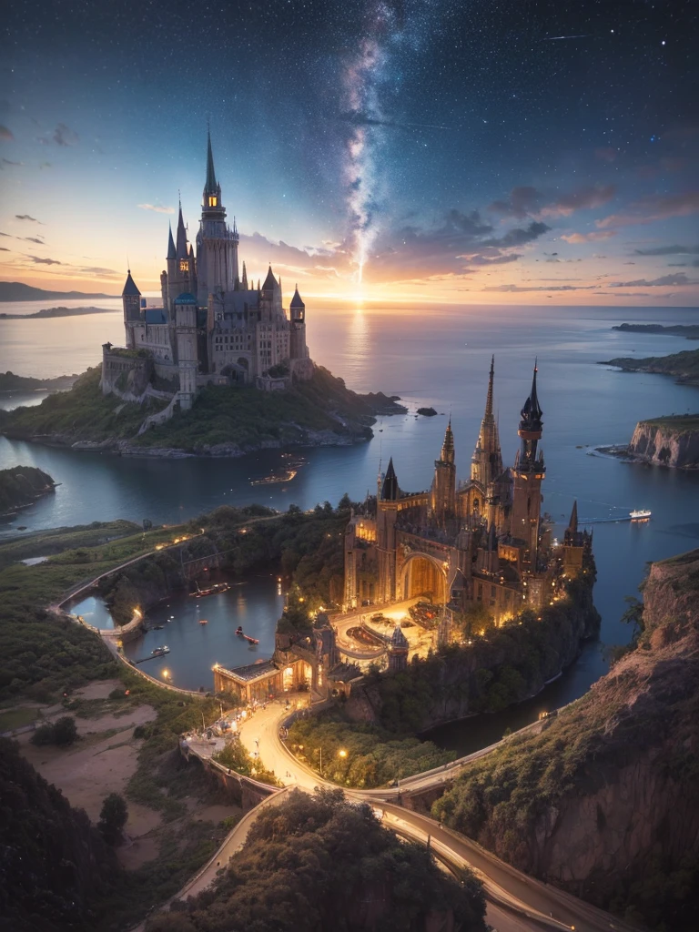 (8k, highest quality, masterpiece, final fantasy style: 1.2), (unRealistic, photoRealistic: 1.37), Dreamy landscape, Fantasy, Unsurreal landscapes, Super detailed, Flying Castle, Floating Island in the Sky, Seven-colored swirl of light, Intense lightning, milky way, Complex Light, Colored light, Large Lake, Starry sky reflected on the lake surface, Countless shining stars, Meteors,  Reflections , (A pillar of light emanated from the ground:1,2), roses and orchids gardens , sunset, pink clouds, waterfalls in the sky, realistic style, Hyperrealism drawing, a flying pirate spaceship floating at the clouds level, burning skyscrapers, cyborgs, timeless realms, stunning  princess  , floating hair, pink lipstick, cute, naked shoulders ,  casting spell, healing light magic effect, in a magical lagoon of the fairyland, crystal clear water surface reflections, sharp focus, looking at viewer, (close-up:0.9), (bright white theme:1.2), (bright white tone:1.2), (deep blue tone:1.3), realistic, Hyperrealism,