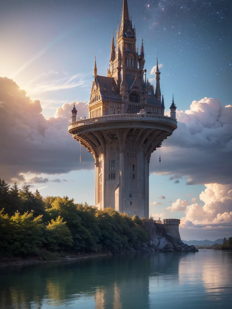 (8k, highest quality, masterpiece, final fantasy style: 1.2), (unRealistic, photoRealistic: 1.37), Dreamy landscape, Fantasy, Unsurreal landscapes, Super detailed, Flying Castle, Floating Island in the Sky, Seven-colored swirl of light, Intense lightning, milky way, Complex Light, Colored light, Large Lake, Starry sky reflected on the lake surface, Countless shining stars, Meteors, Reflections , (A pillar of light emanated from the ground:1,2), roses and orchids gardens , sunset, pink clouds, waterfalls in the sky, realistic style, Hyperrealism drawing, a flying pirate spaceship floating at the clouds level, burning skyscrapers, cyborgs, timeless realms, stunning princess , floating hair, pink lipstick, cute, naked shoulders , casting spell, healing light magic effect, in a magical lagoon of the fairyland, crystal clear water surface reflections, sharp focus, looking at viewer, (close-up:0.9), (bright white theme:1.2), (bright white tone:1.2), (deep blue tone:1.3), realistic, Hyperrealism,