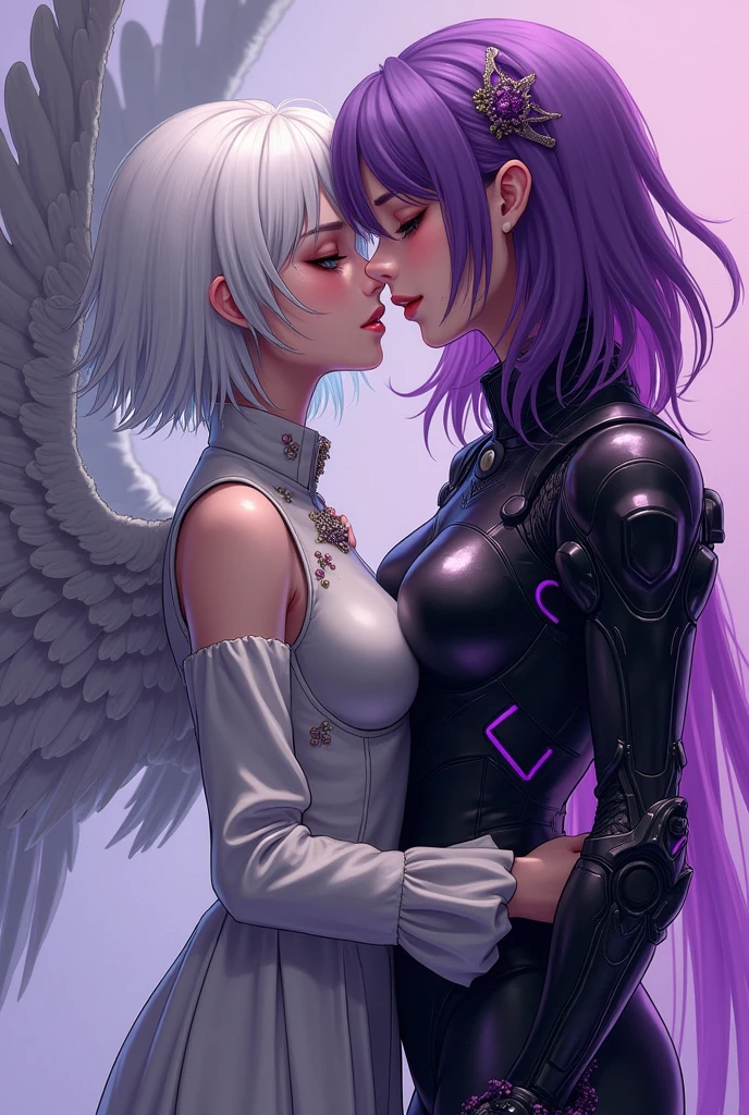 You are a femboy with white hair but short with almost feminine clothes and winged a brunette girl with purple and brunette hair with a black technological armor with purple and white kissing him
