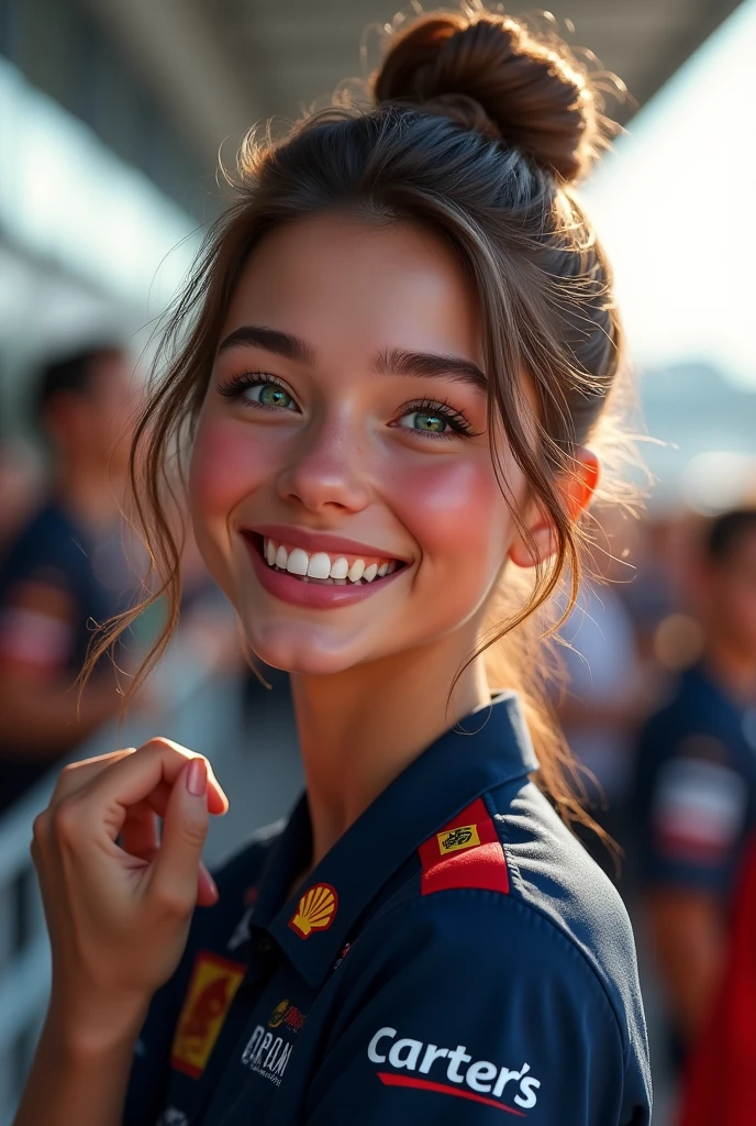 A beautiful 21 year old, Light brown bun hair, greeneyes, beautiful smiling, dimples and white skin cheering for a Formula 1 race in a navy blue Carter's uniform