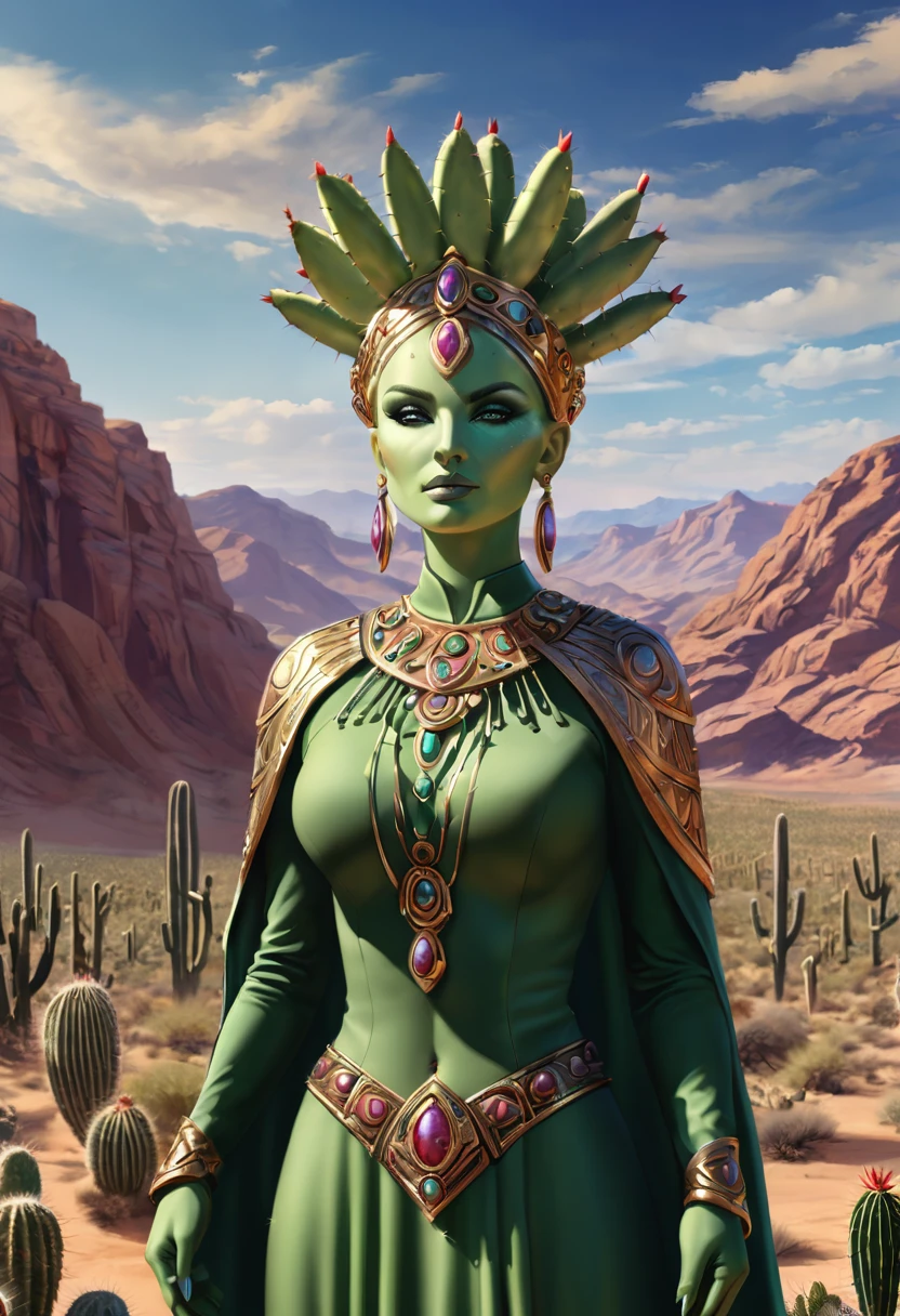 Anthropomorphic feminine cactus enchantress. Official Art – An Award-Winning Digital Masterpiece In 4K Ultra HD, Extreme Detail And Intricate Realism. Symmetrical Face. This Concept Art Brought To Life By The Hands Of Artists Like Wlop & Artgerm In A Stunning 2D Vector Illustration.Background Is A Panoramic Vista.