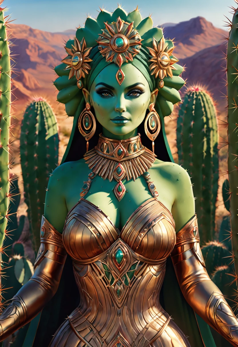 Anthropomorphic  feminine cactus enchantress. Official Art – An Award-Winning Digital Masterpiece In 4K Ultra HD, Extreme Detail And Intricate Realism. Symmetrical Face. This Concept Art Brought To Life By The Hands Of Artists Like Wlop & Artgerm In A Stunning 2D Vector Illustration.Background Is A Panoramic Vista.
