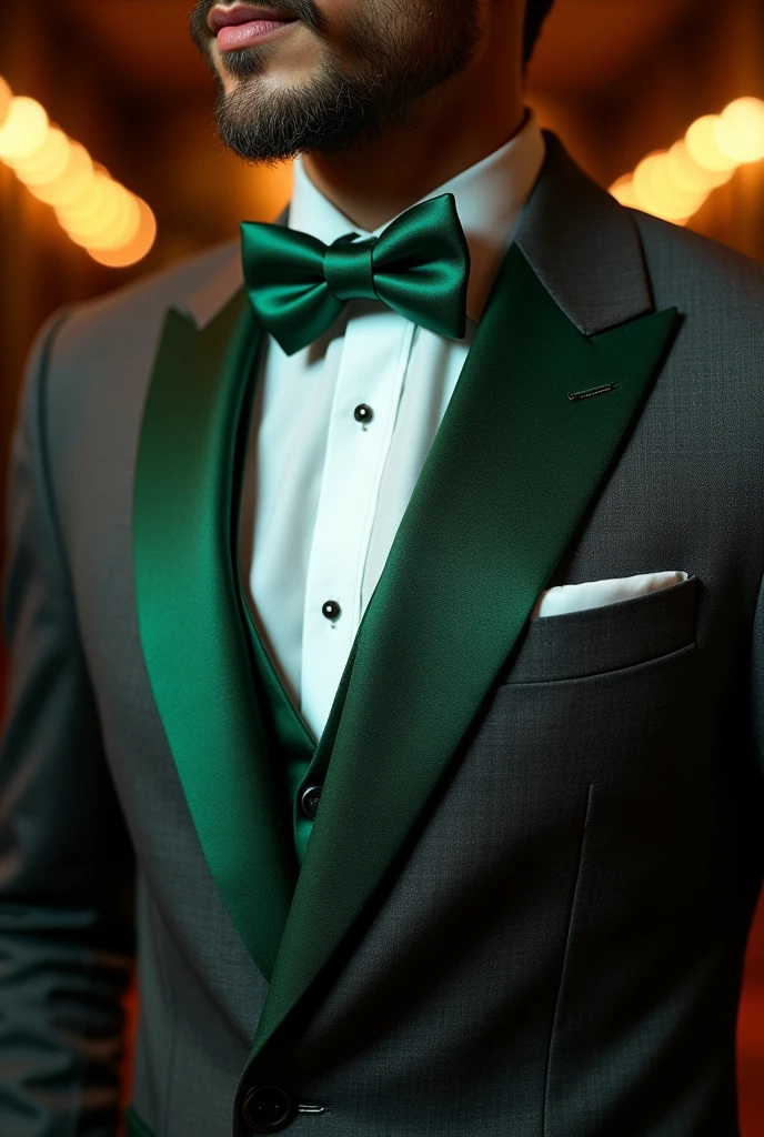 Gray suit with emerald green bow tie