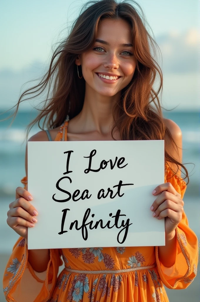Beautiful girl with wavy long hair, bohemian dress, holding a white board with text "I Love Seaart Infinity" and showing it to the viewer