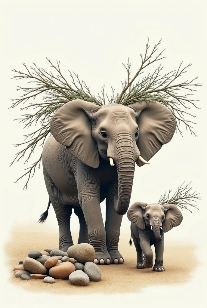 Make a picture of a small elephant and calf carrying branches holding the branches with their trunk. near him there is a pile of stones 
