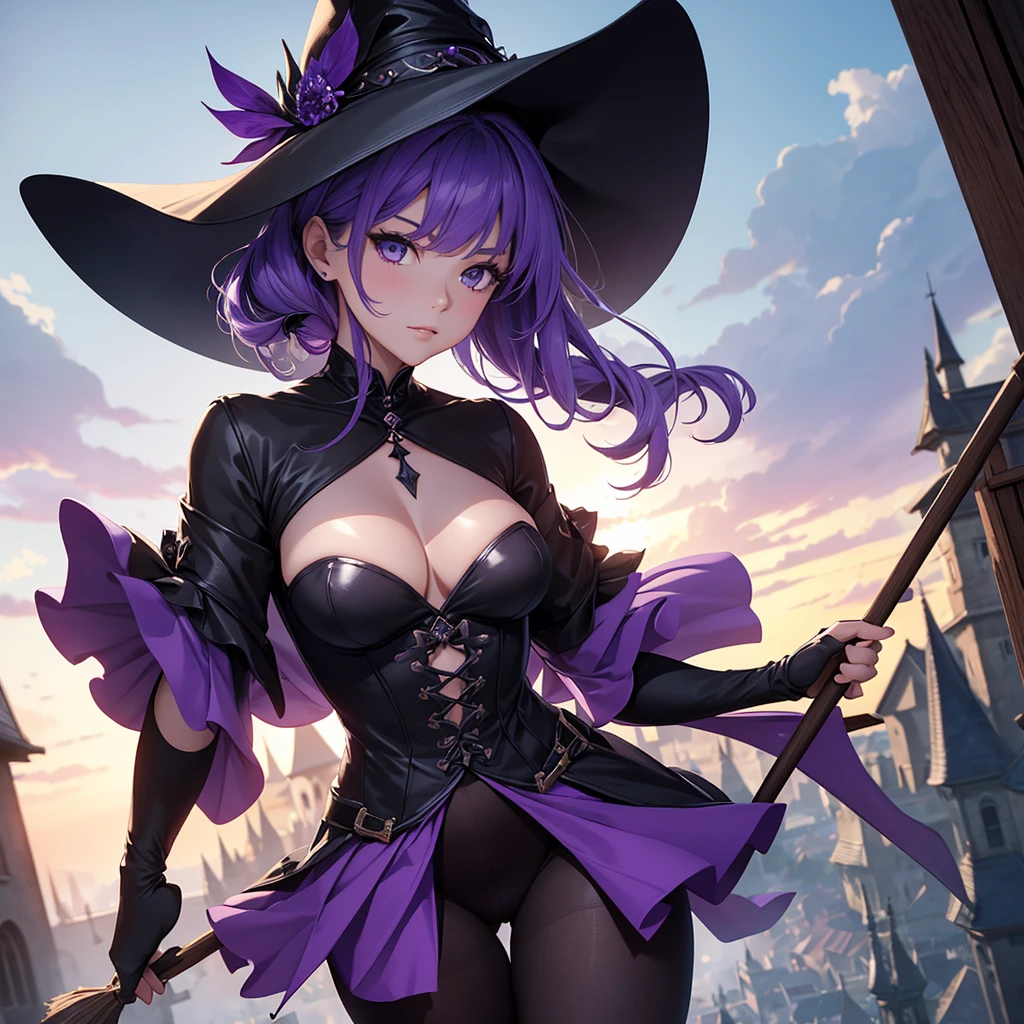 ((Dynamic Angle, Three-Quarter shot)),
Best Quality, 4K, 8K, Masterpiece:1.2,
Perfect glossy shiny skins, Perfect Lighting,
Detailed Lighting, Dramatic shadows, Ray tracing. Very Detailed, Varied Dynamic Poses, Realistic:1.37, Portrait,
1 girl, medieval character
Dark witch, She wore a black and purple dress with a witch hat, She is riding a broom, estilo fantasia, very beautiful, high balance natural light, black and purple pantyhose, bone pattern decoration
She was flying on a broomstick, looking over the small village and the countryside below.