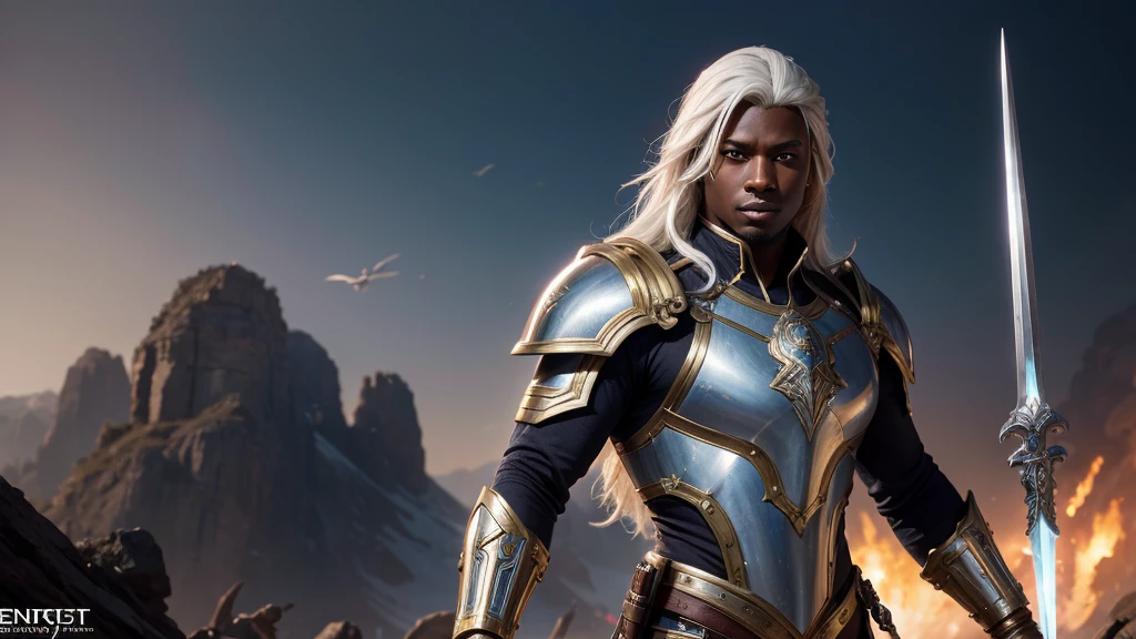 A dark skinned warrior, 18 years old, with straight platinum-white hair, divine with a sword in his hand, white and gold armor, blue clothing, whole body, forst, d&d, fancy, intrikate, chic, highy detailed, digitalpainting, art station, octane rendering, conceptual artwork, mattey, sharp focus, illustration, art by artgerm and greg rutkowski and alphonse mucha 8k