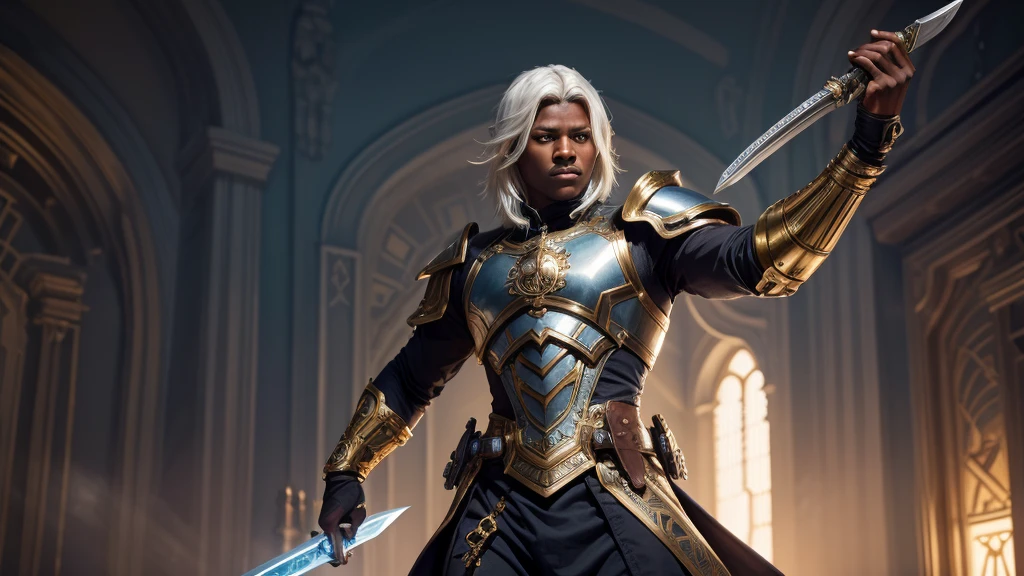 A dark skinned warrior, 18 years old, with straight platinum-white hair, divine with a sword in his hand, white and gold armor, blue clothing, whole body, forst, d&d, fancy, intrikate, chic, highy detailed, digitalpainting, art station, octane rendering, conceptual artwork, mattey, sharp focus, illustration, art by artgerm and greg rutkowski and alphonse mucha 8k