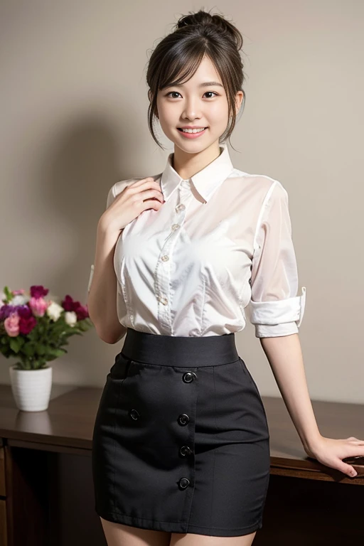 (A beautiful Japanese office lady, age 28, wearing formal White shirt with buttons & pink pencil skirt, resting in office at midnight,

 Respectful expressions, kind smile, dimpled chins, cute snaggle-tooth, short bob hair ponytail, symmetrical face, realistic detailed face, beautiful detailed eyes, perfect body proportions, hourglass figure, ample round bosoms, hige breasts,

photorealistic, hyper-realism, high contrast, ultra HD, realistic skin textures, top image quality, top-quality, super high resolution, fine details, very meticulously, masterpiece, medium shot, close-up shot, waist focus, High Angle Shot, bokeh background, SFW, Safe For Work)