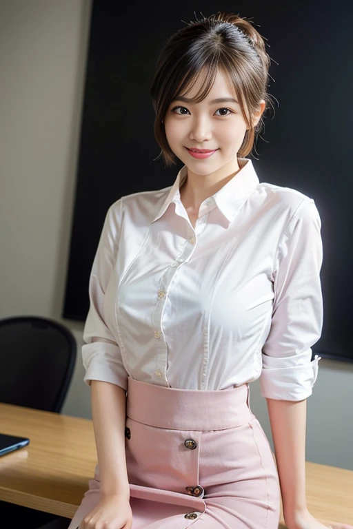 (A beautiful Japanese office lady, age 28, wearing formal White shirt with buttons & pink pencil skirt, resting in office at midnight,

 Respectful expressions, kind smile, dimpled chins, cute snaggle-tooth, short bob hair ponytail, symmetrical face, realistic detailed face, beautiful detailed eyes, perfect body proportions, hourglass figure, ample round bosoms, hige breasts,

photorealistic, hyper-realism, high contrast, ultra HD, realistic skin textures, top image quality, top-quality, super high resolution, fine details, very meticulously, masterpiece, medium shot, close-up shot, waist focus, High Angle Shot, bokeh background, SFW, Safe For Work)