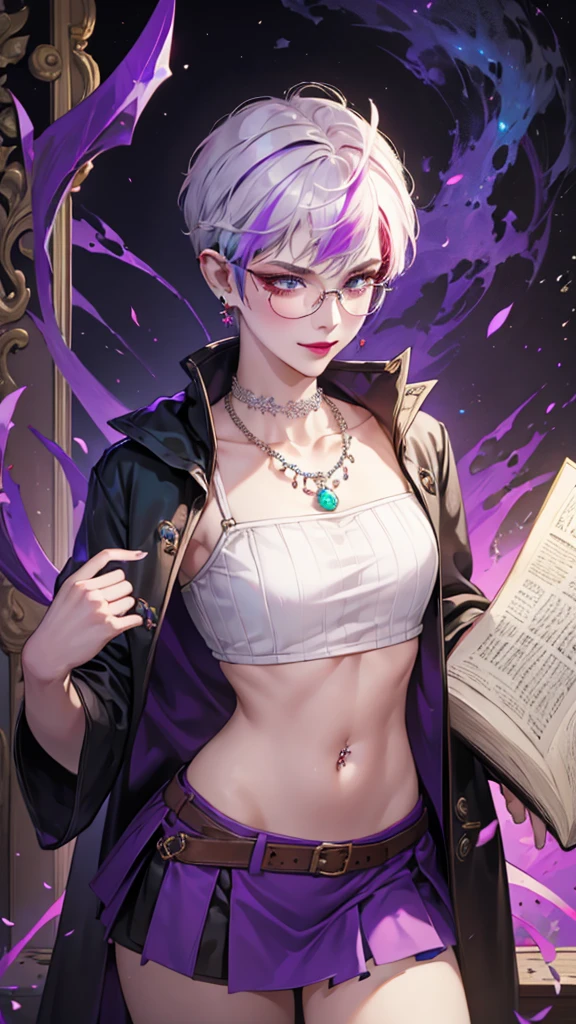 8k, masterpiece, best quality, highly detailed, 1 girl, tiefling, warlock, pixie cut, multicolored hair, very short straight hair red highlight hair on white hair, strippled hair, wearing glasses, round glasses, earrings, navel piercing, red eyeshadow, long eyelashes, blushed cheek, red lips, pearl necklace, rings, collarbone, mole on face, glamorous, teal and purple clothes, miniskirt, smirk, close up view, rings, looking at viewer, demon horns, solo, blue pale moon, standing, royal dress, devil books.