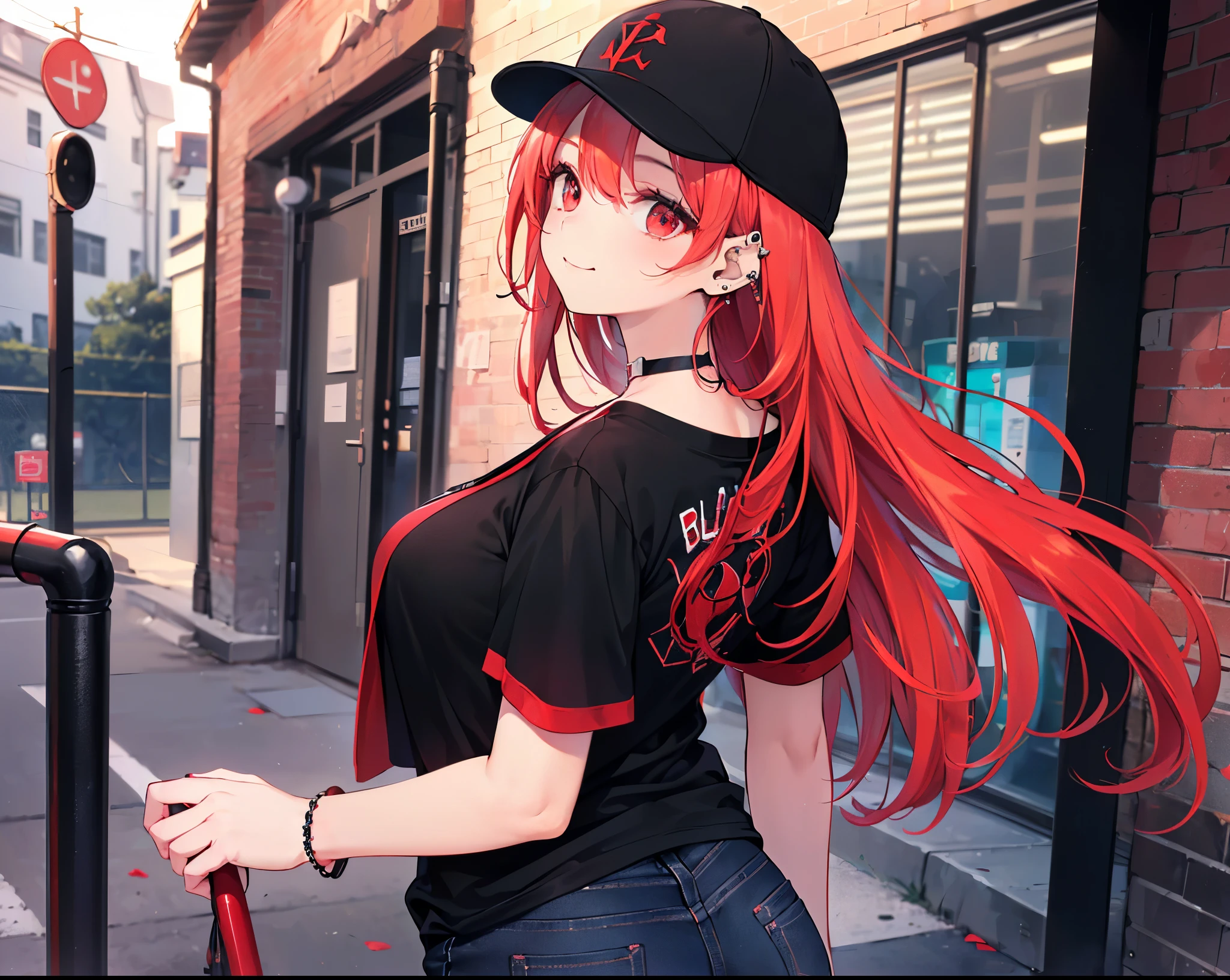 (Close-up:1.3),Realistic,Highest quality, Ultra Detail, High-quality CG rendering, The most delicate and beautiful, Floating softly, High resolution, (1 girl), (Highest quality,4K,8k,masterpiece:1.2),(All red hair:1.5), (semi-long:1.5),(Red eyes:1.5),(Slightly larger breasts:1.2), (Oversized black short sleeve t-shirt:1.5),(Black skinny jeans:1.5),(Black baseball cap:1.5),In the city,old buildings,Narrow back alley,smile,(Piercing in left ear:1.3),(Pitch black choker:1.5),(Turn your back to your audience:1.3),Butt