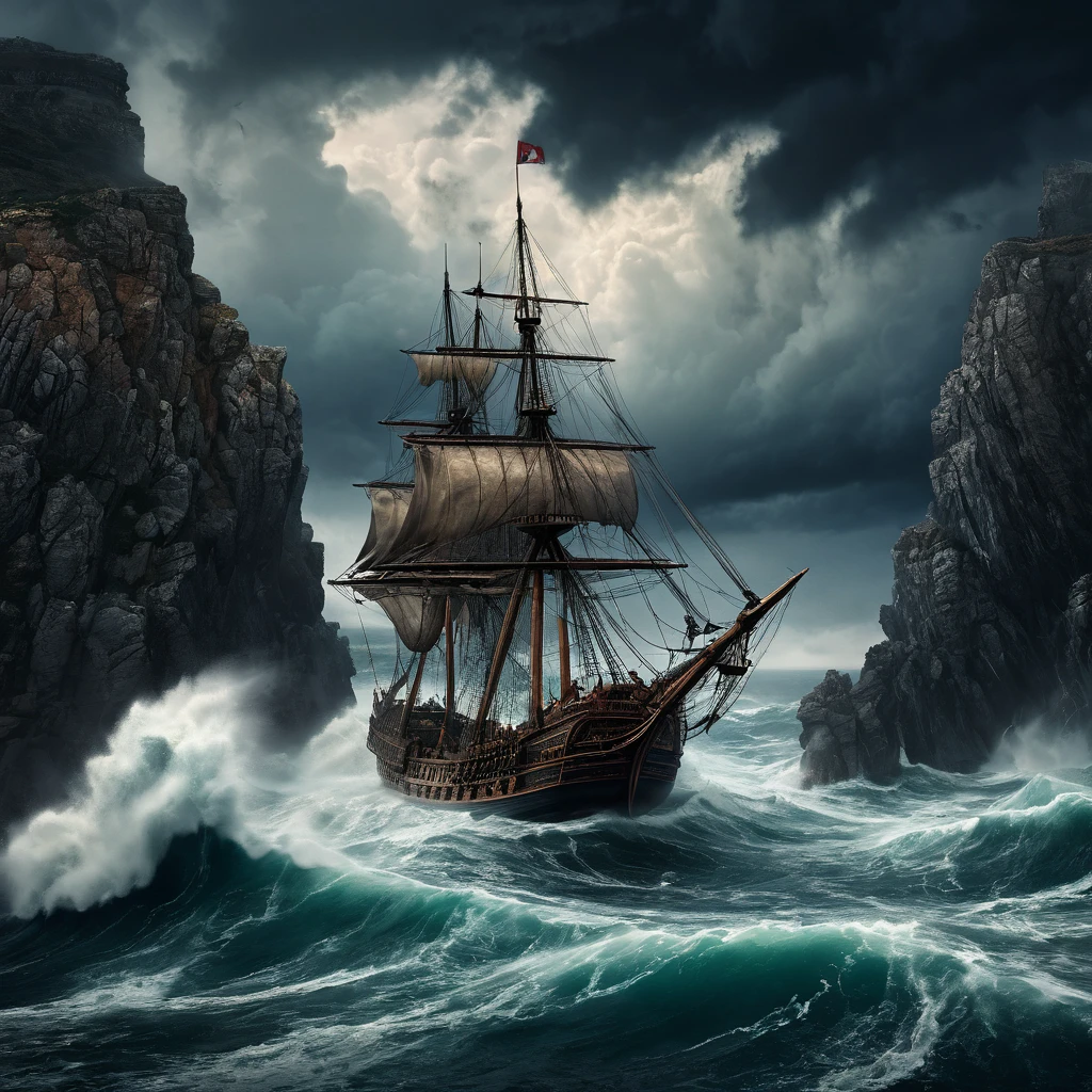 A dramatic, epic seascape inspired by the poems of Luís de Camões, (best quality,4k,8k,highres,masterpiece:1.2),ultra-detailed,(realistic,photorealistic,photo-realistic:1.37), a fleet of Portuguese caravel ships battling a violent, stormy ocean, tattered sails and struggling crew, towering waves crashing against the ships, dark, swirling clouds looming overhead, the mythical giant Adamastor emerging from the storm, his massive, rocky form blending with the cliffs and clouds, a mix of sorrow and wrath on his face, a dark, moody color palette emphasizing the ominous, heroic atmosphere, cinematic, dramatic lighting, highly detailed, intricate textures, dramatic, fantasy, concept art