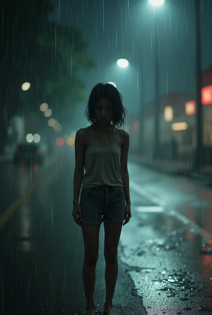 a young malay woman, brunette medium haircut, singlet, short pant, standing in the middle of road, heavy rain, wet clothes, crying in the rain, soft light, night, bokeh