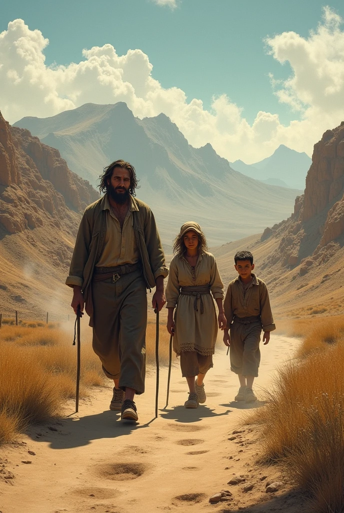 A tired and poor farmer walking in the backlands with his sad family 