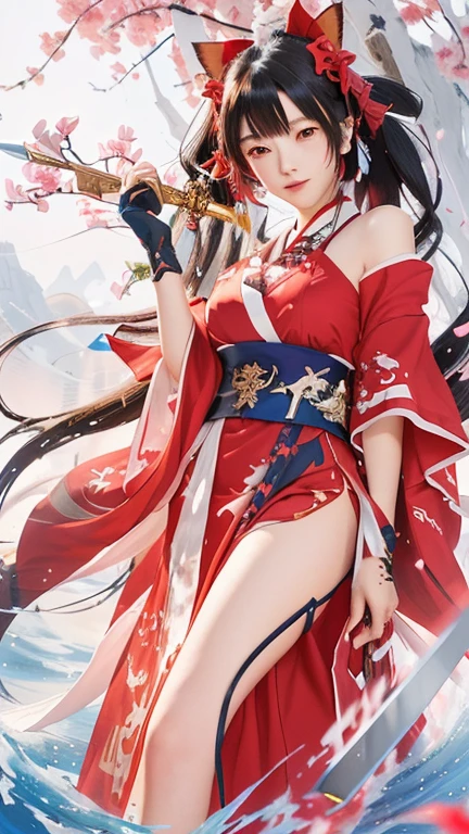girl in red dress with a sword in her hand, onmyoji detailed art, onmyoji, azur lane style, onmyoji portrait, ayaka genshin impact, characters from azur lane, from the azur lane videogame, clean detailed art, beautiful artwork, artistic render of reimu hakurei, official artwork