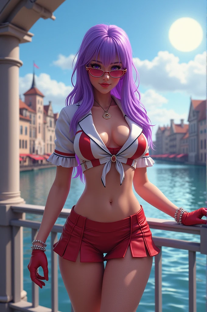 masterpiece, Highest quality,Kentucky Fried Chicken, One girl, 前hair, just_shoulder, skirt, chest, gloves, jewelry, big_chest, length_hair, length_sleeve, pantyhose, purple_eye, purple_hair, shirt, alone,Audience,sunglasses,bikini, (sun, cloud,A renaissance city on the waterfront,Outdoor :1.1),Rendering with Blender((Isoscale)),(Completely naked)Pussy