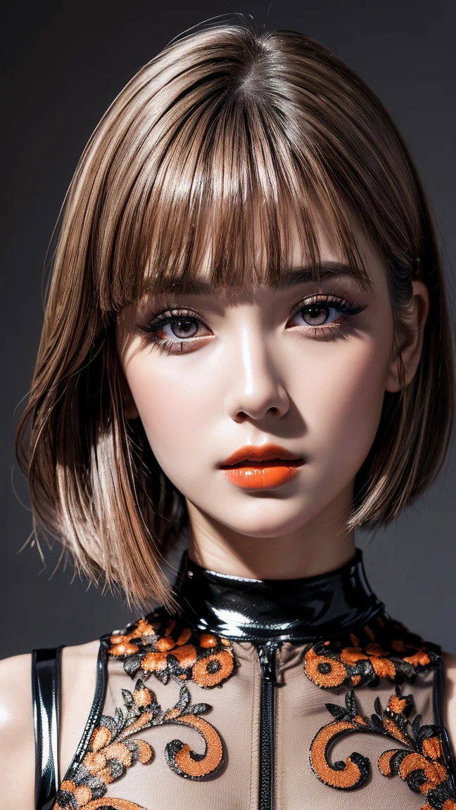 photorealism 16K realism, ((Hyper-realistic proportional body, anatomically correct:1.3)), ((ultra-fine digital art)), (intricately detailed beautiful face), (light pale complexion), BREAK, ((small round head)), (high detailed Super beautiful slim and sharp-face), (best highest detailed realistic black_eyes:1.28), ((super realistic sharp-eyes:1.2)), (tired and sleepy and satisfied:0.0), close up of a woman's eyes, perfect round eyes, finely detailed pupils,BREAK,detailed lips:1.3,pink_makeup:1.22, (long_blue_eyeliner:1.15), (red_lipstick:1.35),((perfect dark_eyeshadows:1.4)), (super detailed professional makeup on eyes:1.3), (Detailed nose:1.2), (best high quality real texture skin:1.3), [blond: hair:1.3], (short hair blond, ((bangs combed to the two side)) Intricately detailed:1.37), beautiful cheekbones, dramatic lighting, ((perfect composition)), pale skin, ((dry skin)), only 1 female, petticoats, (high neckline), (lace ultra details), (Intricately detailed workmanship), ((unconventional skirt, transparent PVC in the shade of ORANGE:1.2)), ((Shiny ORANGE [Transparent:1.3] Holographic Full Bodysuit: 1.3)), cinematic light, detailed background of a large park with trees, dynamic pose, ((no decorations in the hair)), (dark shot:1.1), (firm normal full breasts), (((full body shot:1.3)))