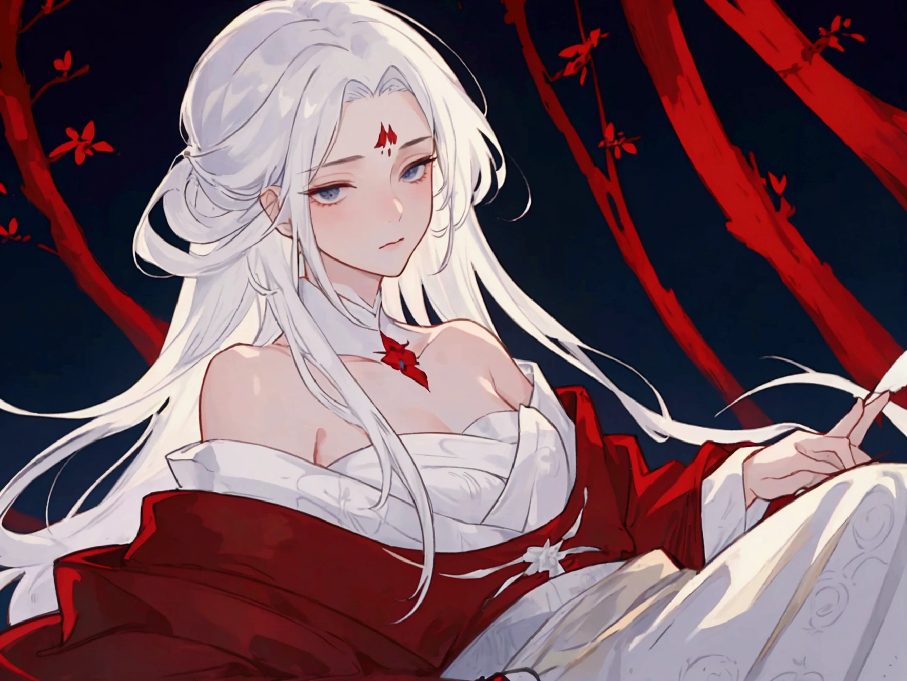 (masterpiece:1.2), (best quality), (Extremely detailed), (8K, 4K, complex), (Half Shot:1.2), (Very detailed:1.2), (Delicate face:1.2), (portrait), Detailed landscape, boy, night,Wearing red light ancient costume,White hair,Long hair,Shy expression,Off-shoulder,Side-lying position