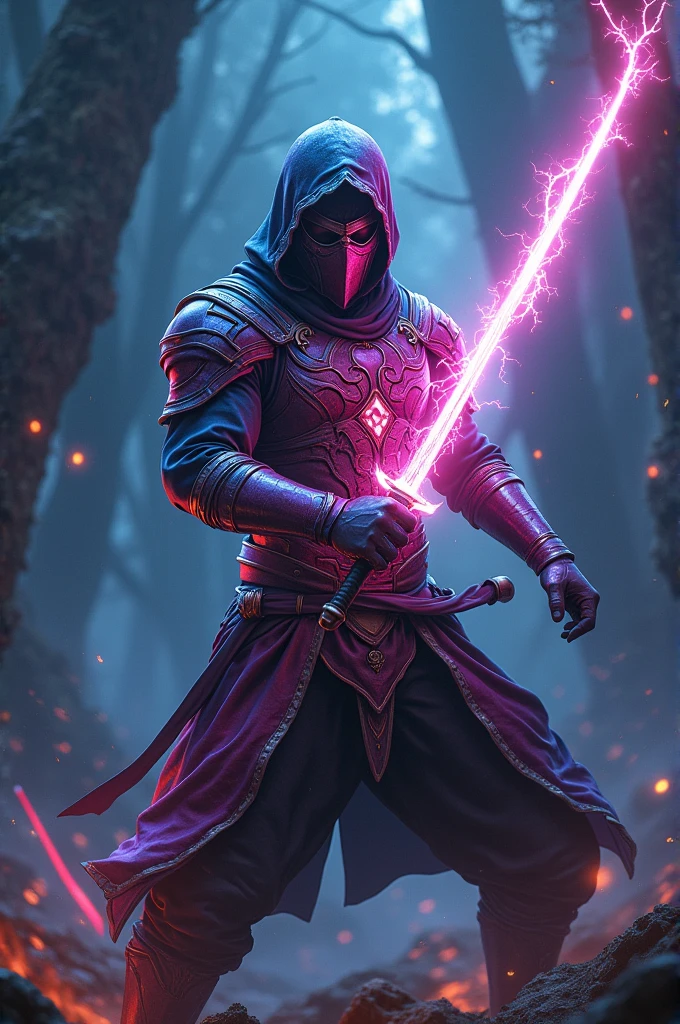 Ninja with colourful armour with sparkling electrolytes sword
