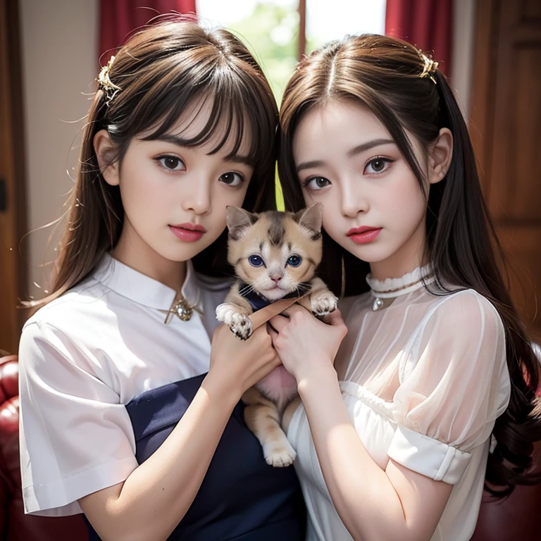 2 newborn babies who look like their mothers,
masterpiece, top quality, girl, (아름다운 girl, girl: 1.3), (19 years old: 1.3), 1 woman, (((Siamese cats with one body))), very precise definition, (symmetrical eyes: 1.3), , brown eyes, split bangs, brown hair, girl, (Eyes and facial details: 1.0), face focus: 1.0), best smile, 8k, disney style, vista, complication,((2 women)), (((One person is holding a puppy and the other is holding a very small puppy.))),
