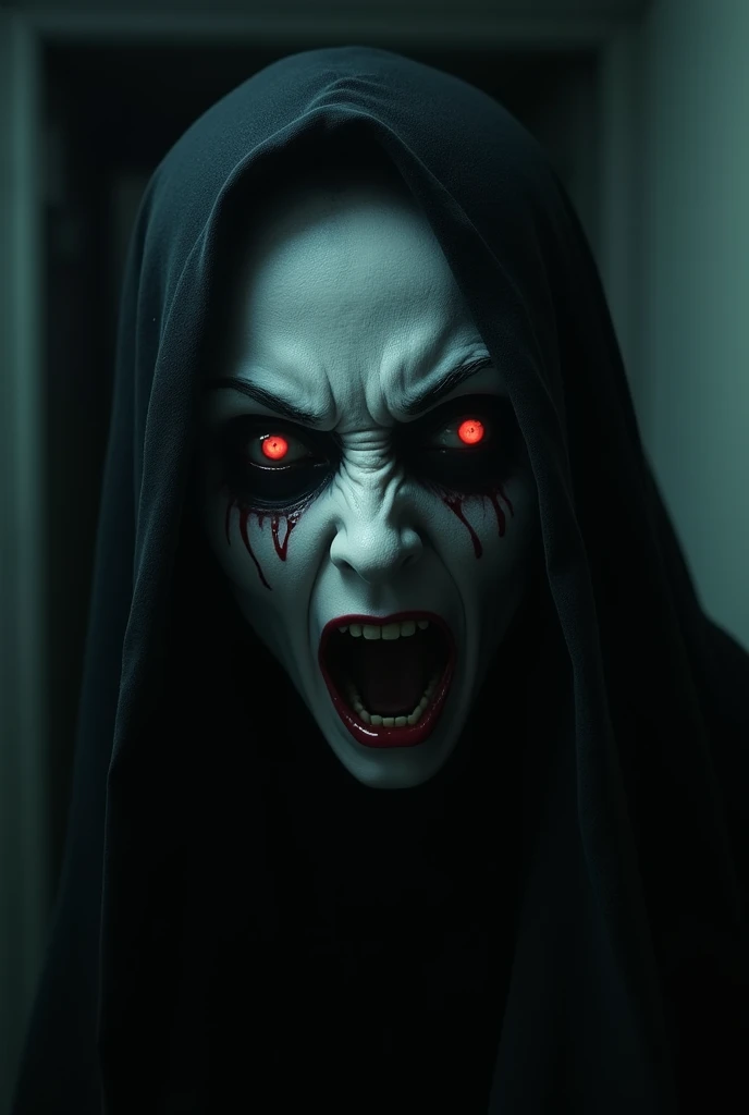 detailed face of a ghost of a scary angry woman in a dark and chilling environment that represents terror, horror and suspense at its best, a paranormal world with realistic textures in 8k
