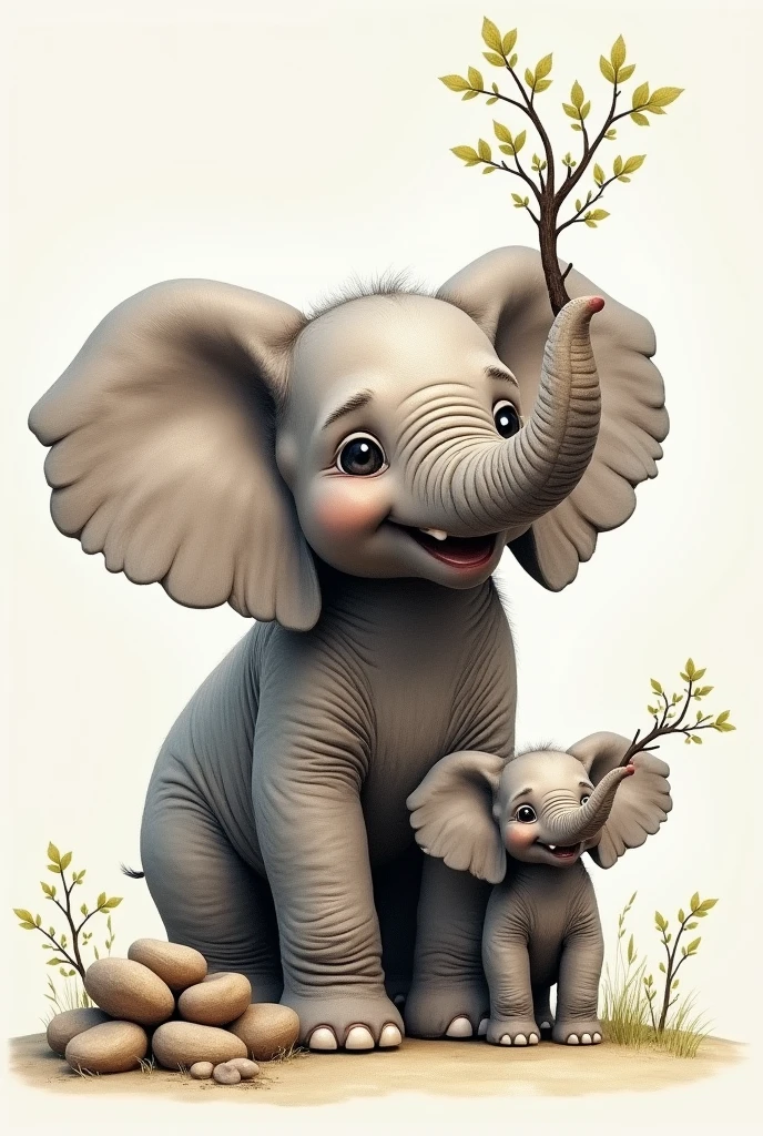 Make a realistic picture of a small elephant and calf holding branches with their trunks. near him there is a pile of stones