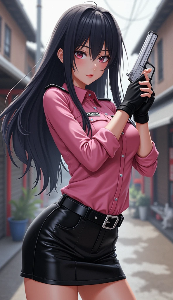 1girl, Hands resting on the bonnet of Car with, spread legs, (perfect body:1.4), (perfect ass:1.4), cute smile, long long dark hair, blue eyes, (big tits:1.4), wearing skinny leather skirt, naked tits, showing her ass, tatooes in fiftie's style, wide-angle shot, ((masterpiece)),(( hig realism))