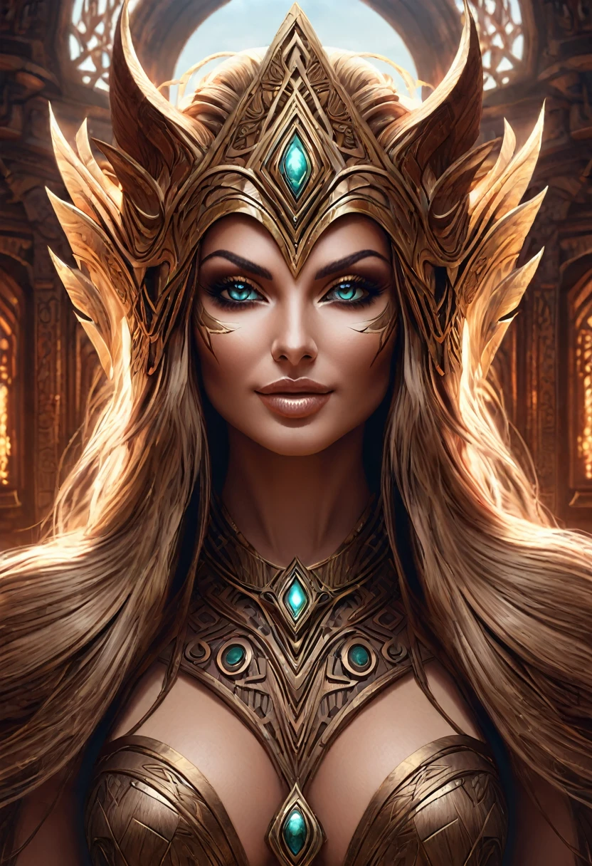 Anthropomorphic  feminine wooden enchantress. Official Art – An Award-Winning Digital Masterpiece In 4K Ultra HD, Extreme Detail And Intricate Realism. Symmetrical Face. This Concept Art Brought To Life By The Hands Of Artists Like Wlop & Artgerm In A Stunning 2D Vector Illustration.Background Is A Panoramic Vista.
