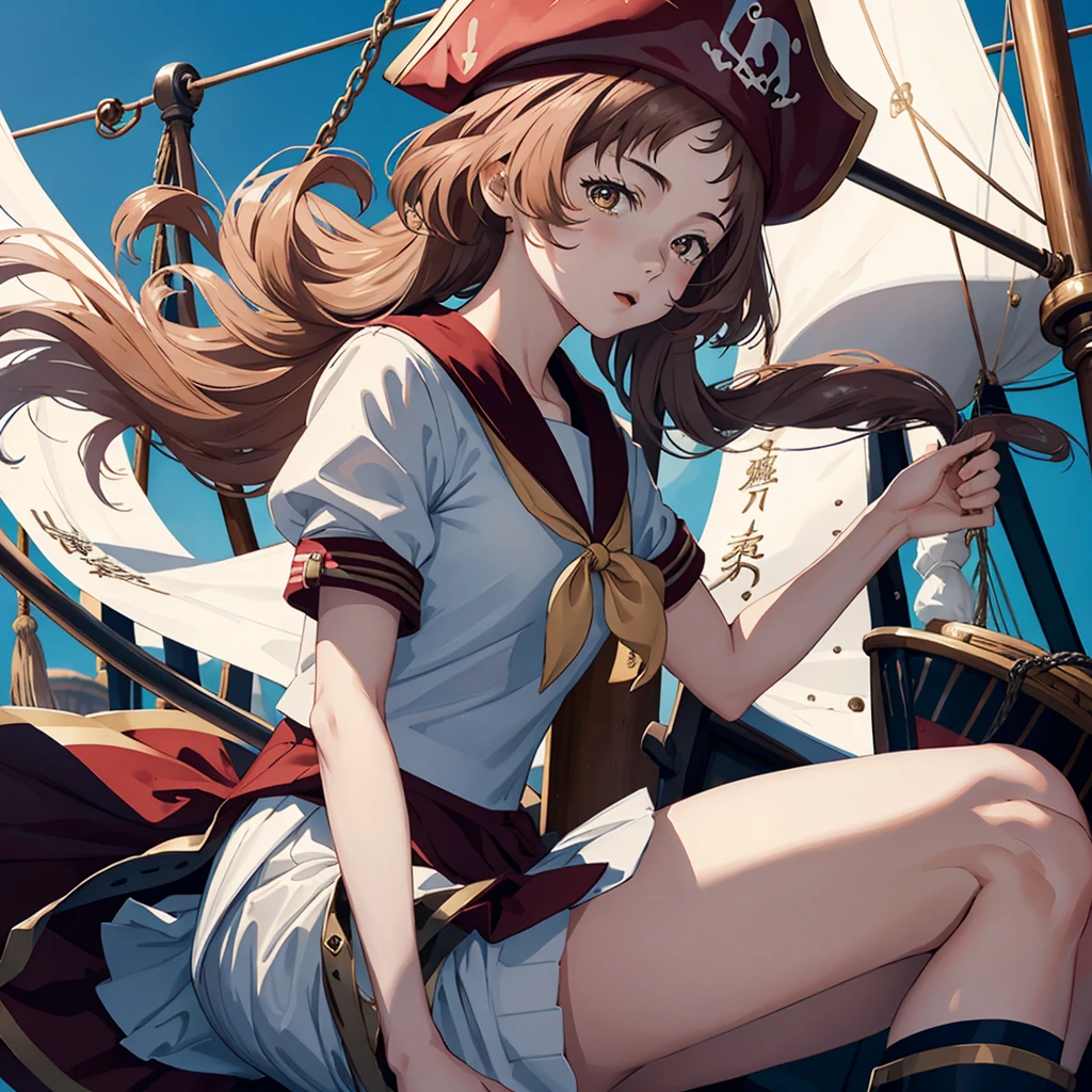 One Girl（８age）, pirate, Highest quality、Cinema Lighting、Sailor suit、Long skirt、 On the mast of a galleon、White panties,