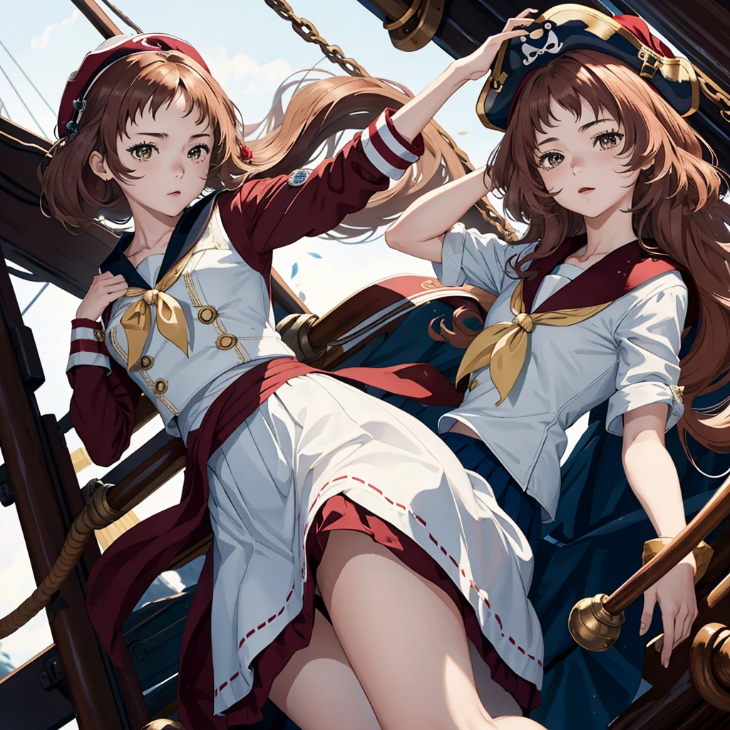 One Girl（８age）, pirate, Highest quality、Cinema Lighting、Sailor suit、Long skirt、 On the mast of a galleon、White panties,