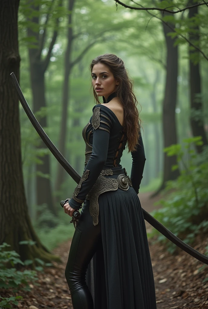 cinematic analog movie still of 18 years old girl, (beautiful and aesthetic:1.2), (volumetric lighting), 1girl, solo, elf, warrior with melee weapon, standing, from behind, cowboy shot, looking back, nice hands, perfect hands, autumn forest, fantasy, sunny day, outdoors, nature, falling leaves, sharp focus, textured skin, imperfect skin, skin pores, ambient lighting, highres, 4k uhd, low contrast pastel lighting, professional color grading, intricate, highly detailed