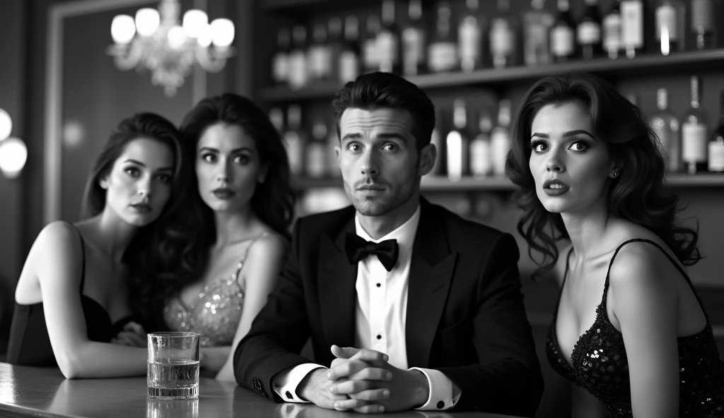 A charming man, sitting in a fancy bar, being watched by three stunning women, all with puzzled expressions, in black and white."