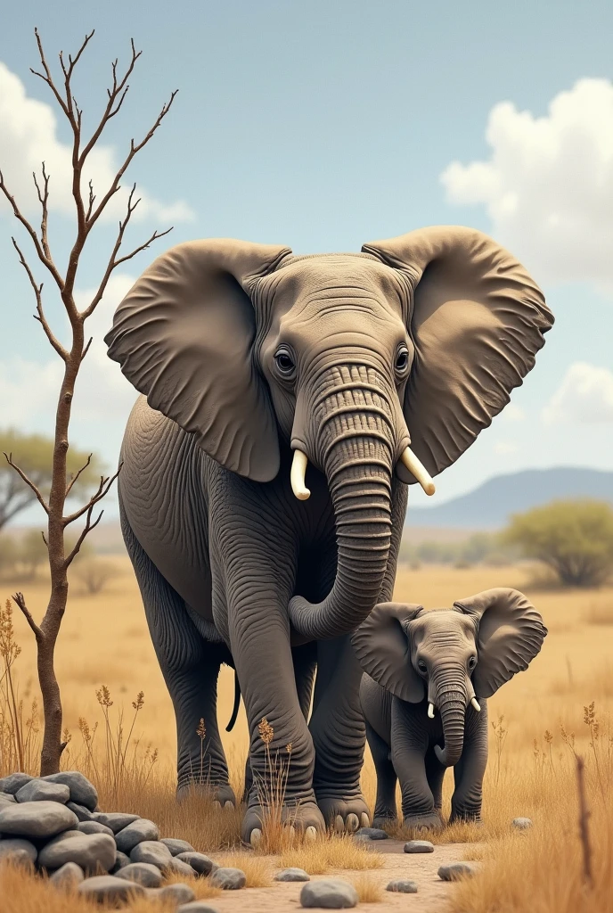 Make a realistic picture of a small elephant and calf holding branches with their trunks. near him there is a pile of stones . the landscape is of the African savannah
