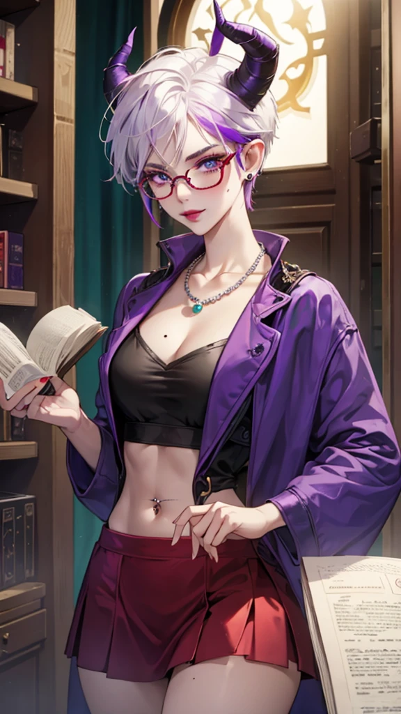 8k, masterpiece, best quality, highly detailed, 1 girl, tiefling, warlock, pixie cut, multicolored hair, very short straight hair red highlight hair on white hair, strippled hair, wearing glasses, round glasses, earrings, navel piercing, red eyeshadow, long eyelashes, blushed cheek, red lips, pearl necklace, rings, collarbone, mole on face, glamorous, teal and purple clothes, miniskirt, smirk, close up view, rings, looking at viewer, demon horns, solo, blue pale moon, standing, royal dress, devil books.