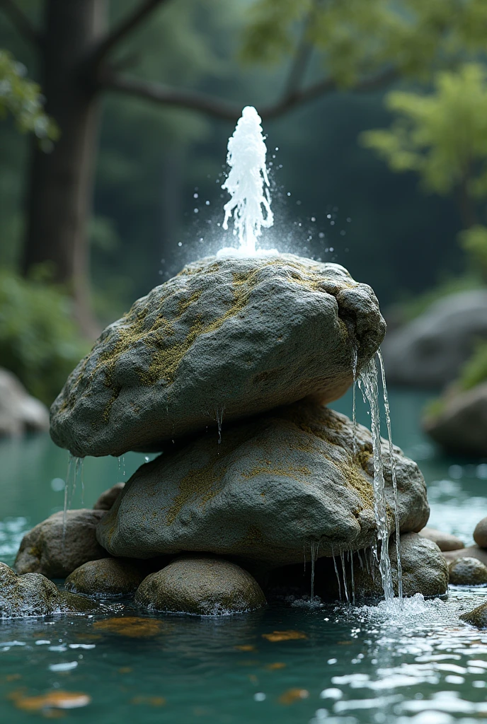 A mound of rocks and stones. Under the mound there is water that surrounds it like an artificial river., Above the mound a fountain appears and falls sliding down the rocks.
