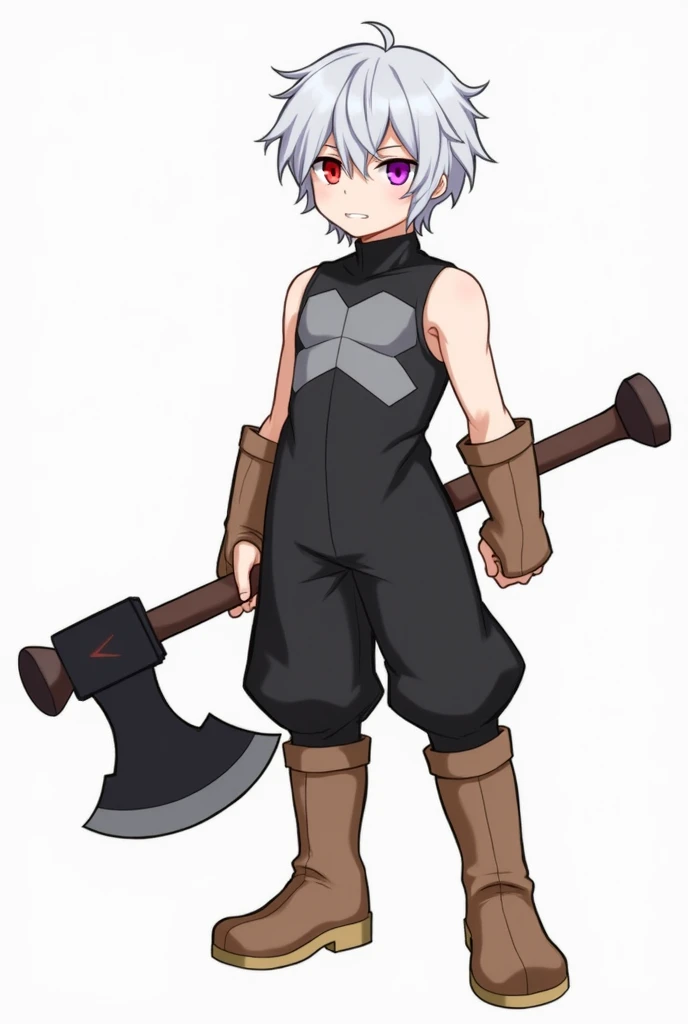 A boy with a moderate build wearing a sleeveless black suit with an axe-shaped chest and grey pectorals, brown boots that reach the knee and white hair and one red pupil and the other purple.