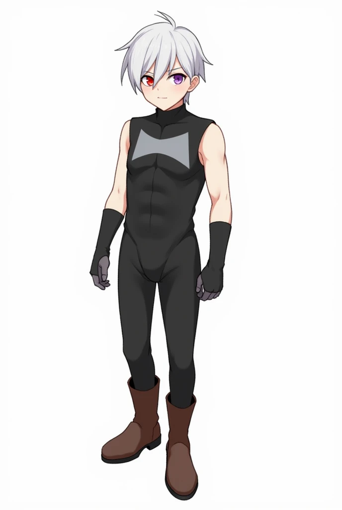 A boy with a moderate build wearing a sleeveless black suit with an axe-shaped chest and grey pectorals, brown boots that reach the knee and white hair and one red pupil and the other purple.