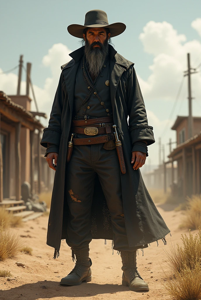 Chinese cowboy in half-finished and dirty black clothes with a beard in the old west