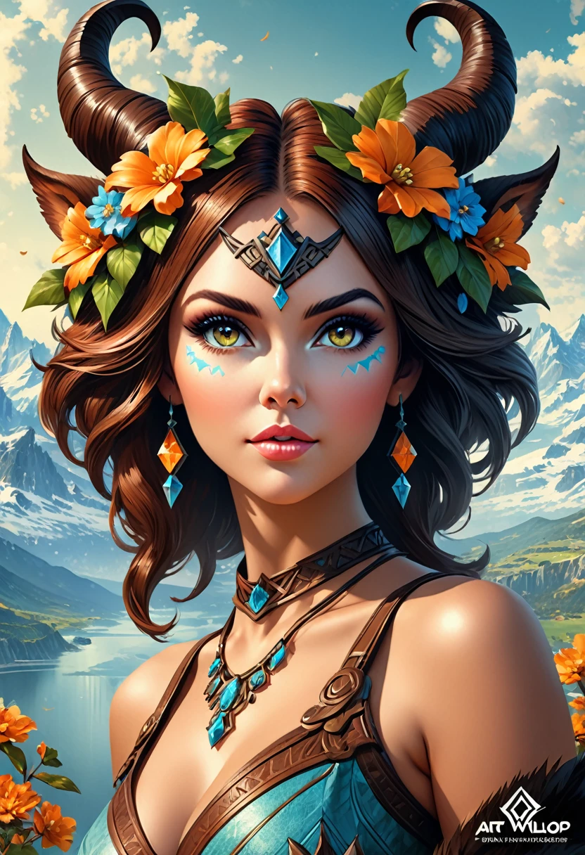 Anthropomorphic feminine satyr enchantress. Official Art – An Award-Winning Digital Masterpiece In 4K Ultra HD, Extreme Detail And Intricate Realism. Symmetrical Face. This Concept Art Brought To Life By The Hands Of Artists Like Wlop & Artgerm In A Stunning 2D Vector Illustration.Background Is A Panoramic Vista.