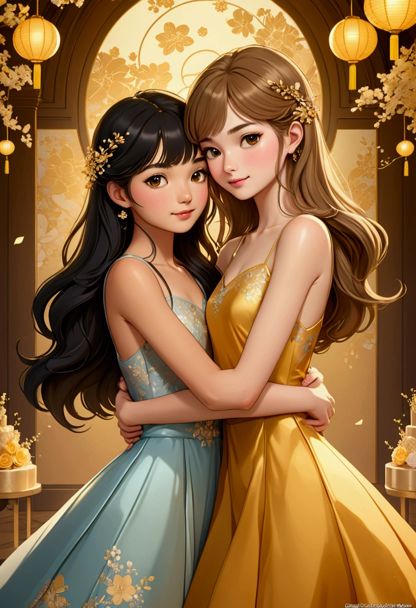 Two beautiful and delicate young ladies in Sarah Kay style, very much in love with each other, hugging each other. One British woman with semi-short light brown hair, delicate British features and the other young woman with long black hair, with delicate Asian features, are dressed in party dresses in golden colors, 3d rendering, photography, anime, posters.